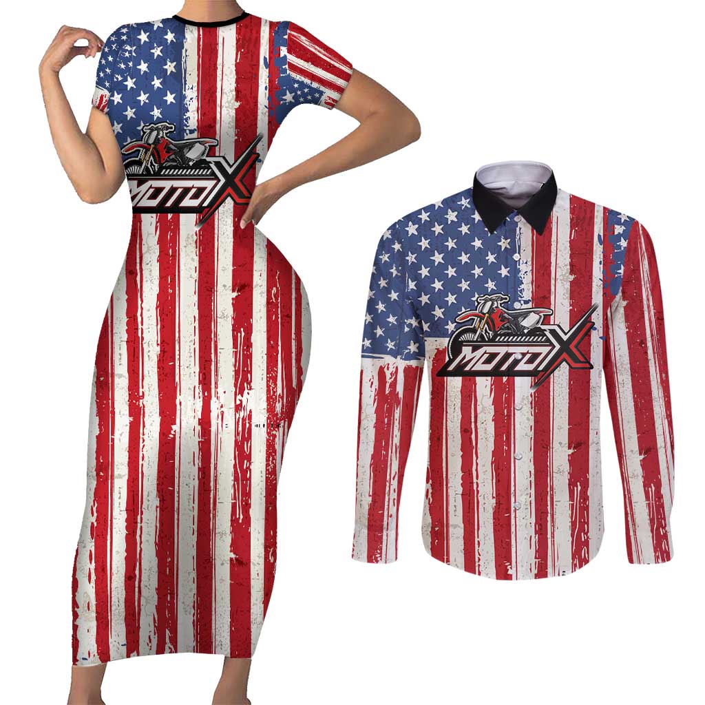Personalized Motocross Rider Couples Matching Short Sleeve Bodycon Dress and Long Sleeve Button Shirt with American Flag and Thin Blue Line Pattern - Wonder Print Shop
