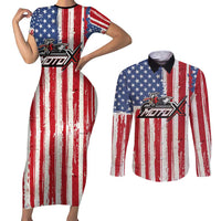 Personalized Motocross Rider Couples Matching Short Sleeve Bodycon Dress and Long Sleeve Button Shirt with American Flag and Thin Blue Line Pattern - Wonder Print Shop