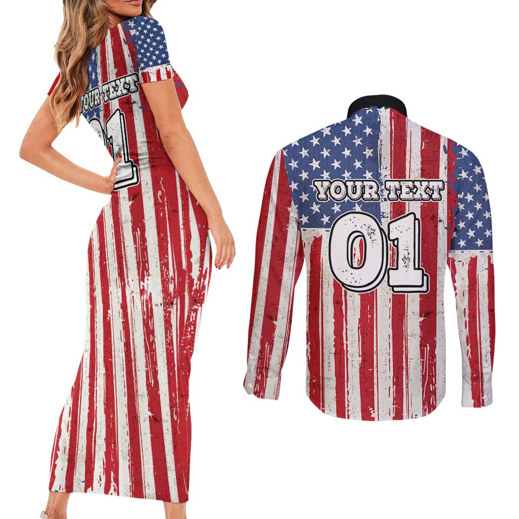 Personalized Motocross Rider Couples Matching Short Sleeve Bodycon Dress and Long Sleeve Button Shirt with American Flag and Thin Blue Line Pattern - Wonder Print Shop
