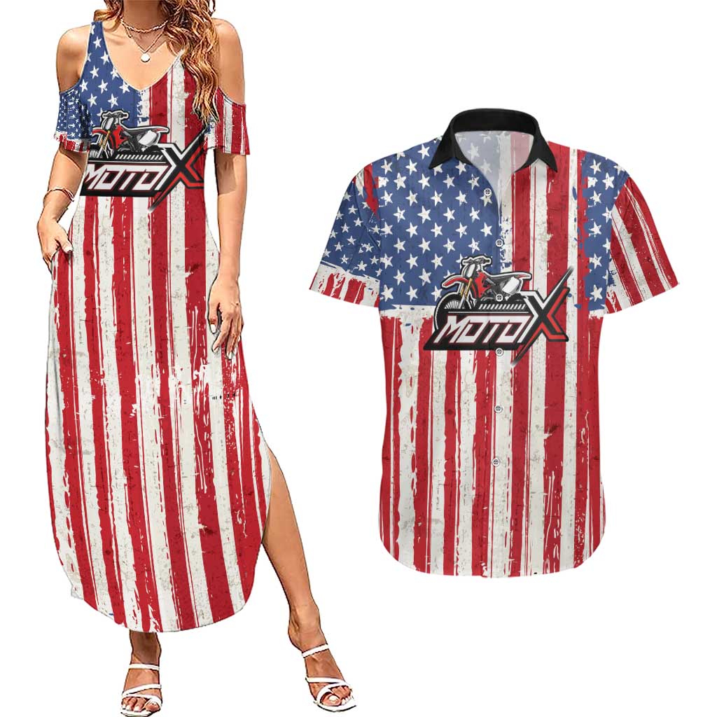 Personalized Motocross Rider Couples Matching Summer Maxi Dress and Hawaiian Shirt with American Flag and Thin Blue Line Pattern - Wonder Print Shop