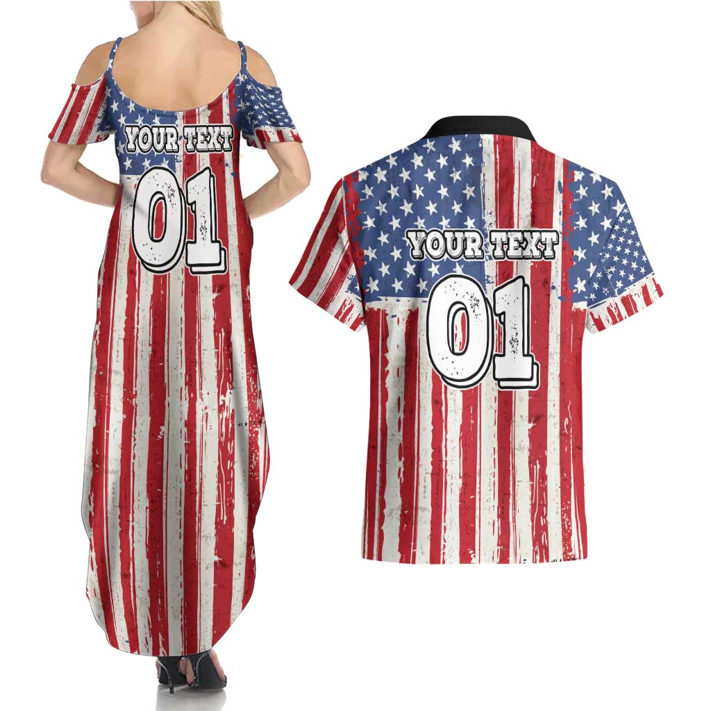 Personalized Motocross Rider Couples Matching Summer Maxi Dress and Hawaiian Shirt with American Flag and Thin Blue Line Pattern - Wonder Print Shop