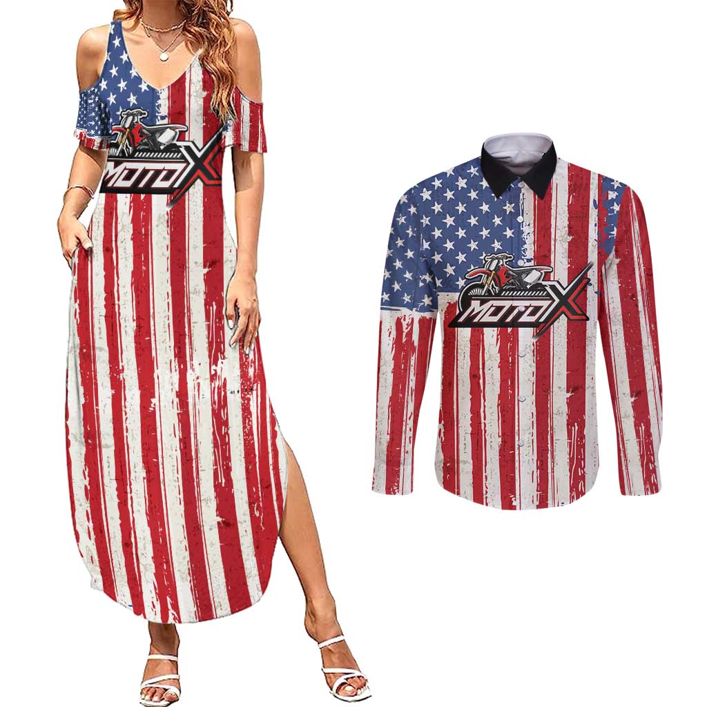 Personalized Motocross Rider Couples Matching Summer Maxi Dress and Long Sleeve Button Shirt with American Flag and Thin Blue Line Pattern - Wonder Print Shop