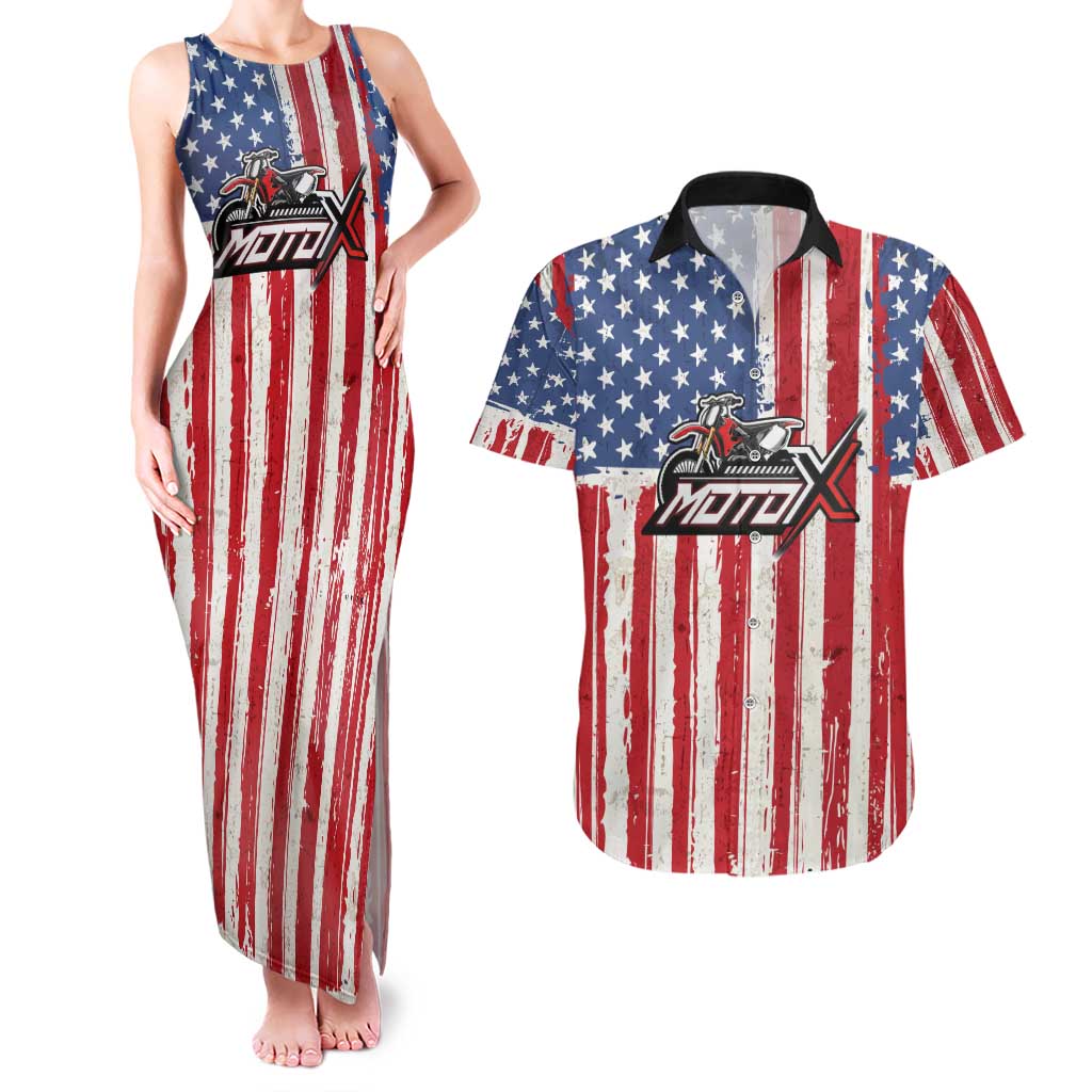 Personalized Motocross Rider Couples Matching Tank Maxi Dress and Hawaiian Shirt with American Flag and Thin Blue Line Pattern - Wonder Print Shop