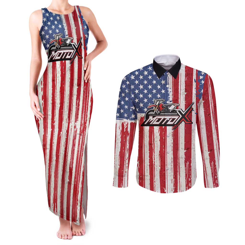 Personalized Motocross Rider Couples Matching Tank Maxi Dress and Long Sleeve Button Shirt with American Flag and Thin Blue Line Pattern - Wonder Print Shop