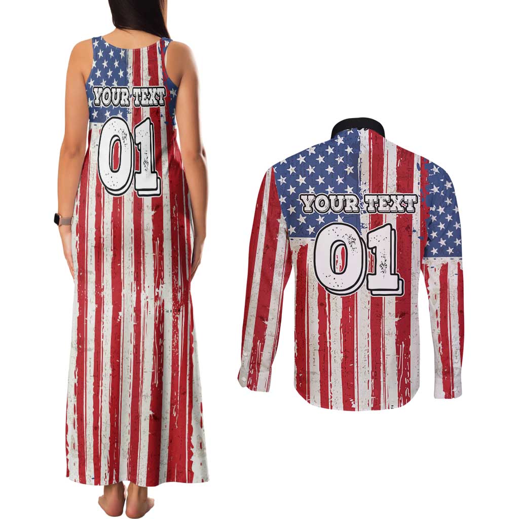 Personalized Motocross Rider Couples Matching Tank Maxi Dress and Long Sleeve Button Shirt with American Flag and Thin Blue Line Pattern - Wonder Print Shop