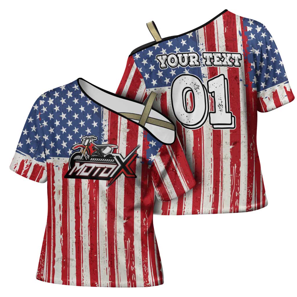 Personalized Motocross Rider Cross Shoulder Shirt with American Flag and Thin Blue Line Pattern - Wonder Print Shop