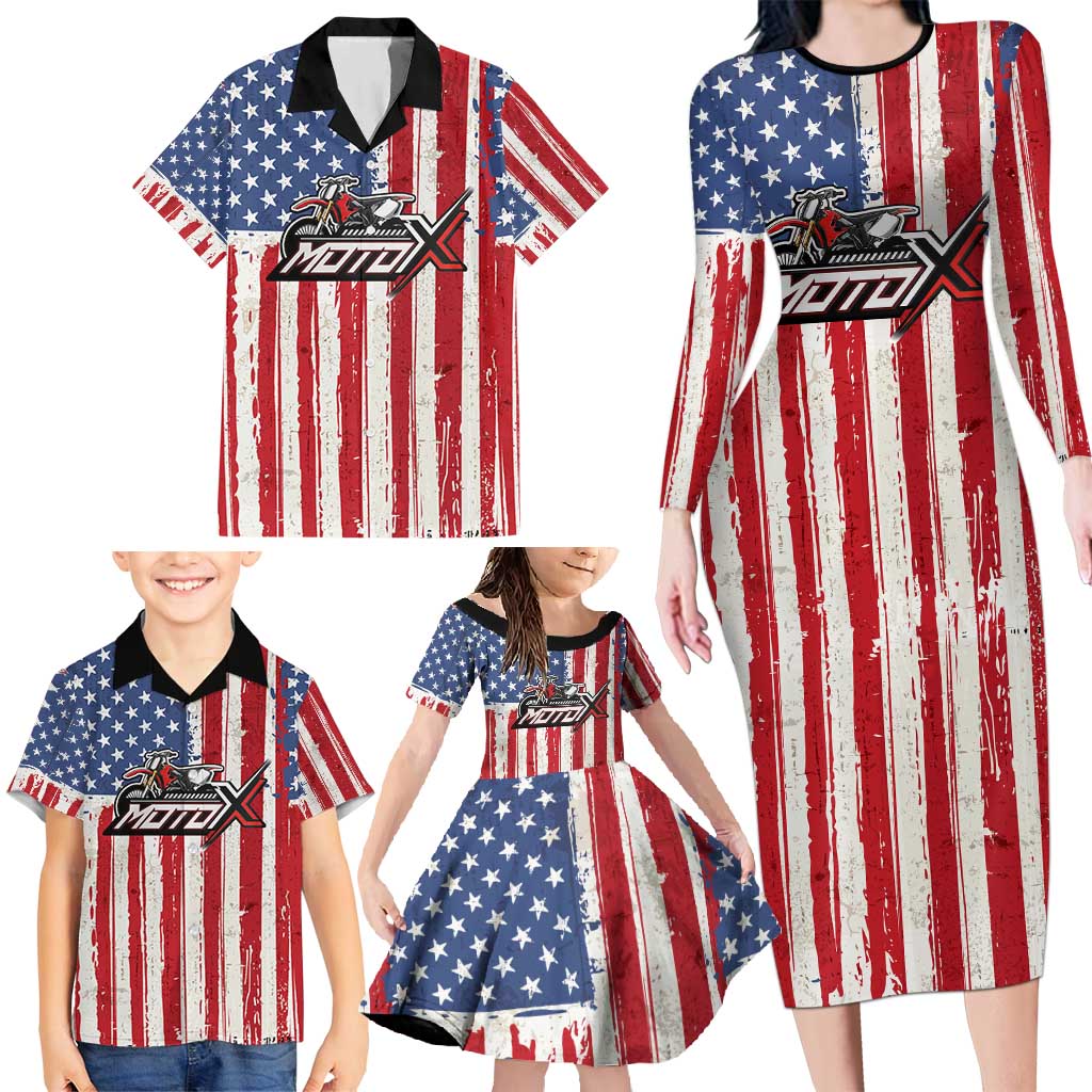 Personalized Motocross Rider Family Matching Long Sleeve Bodycon Dress and Hawaiian Shirt with American Flag and Thin Blue Line Pattern - Wonder Print Shop