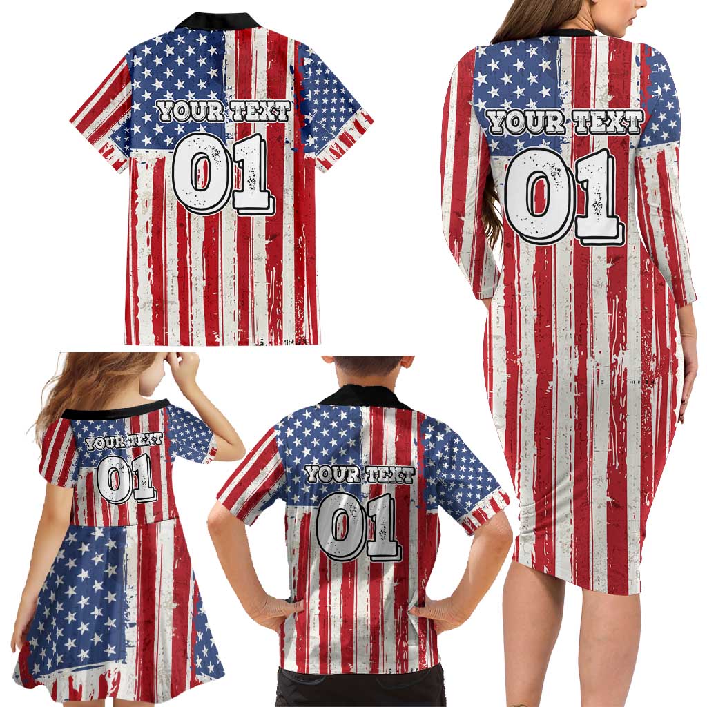 Personalized Motocross Rider Family Matching Long Sleeve Bodycon Dress and Hawaiian Shirt with American Flag and Thin Blue Line Pattern - Wonder Print Shop