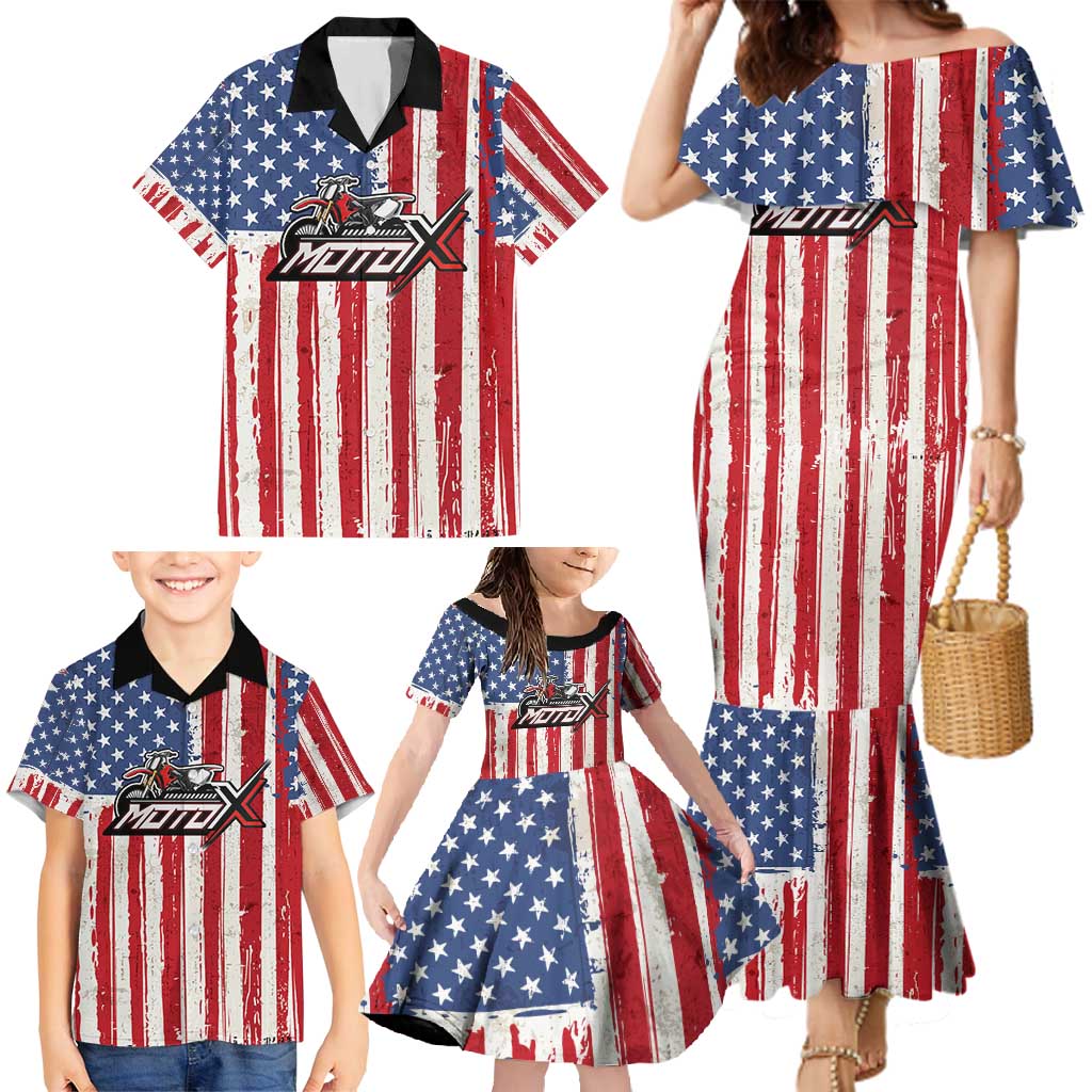Personalized Motocross Rider Family Matching Mermaid Dress and Hawaiian Shirt with American Flag and Thin Blue Line Pattern - Wonder Print Shop