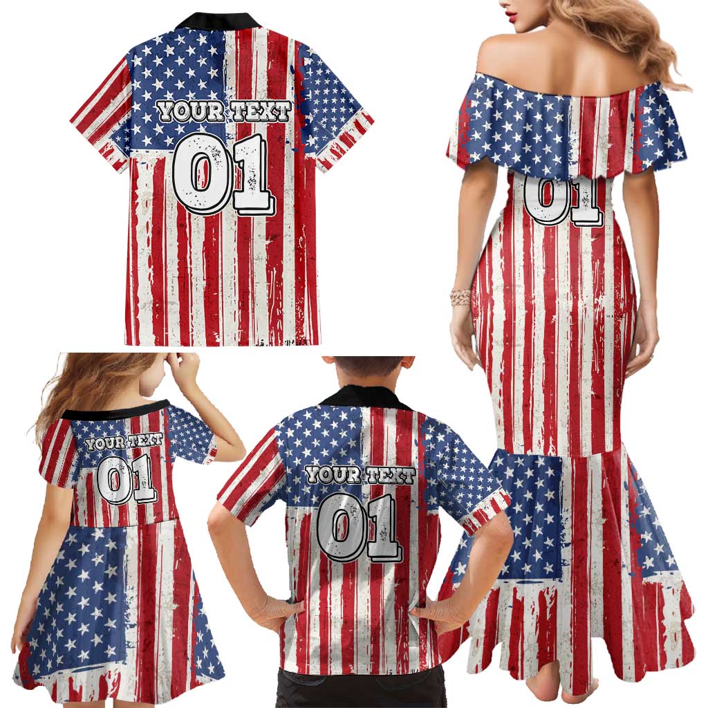 Personalized Motocross Rider Family Matching Mermaid Dress and Hawaiian Shirt with American Flag and Thin Blue Line Pattern - Wonder Print Shop