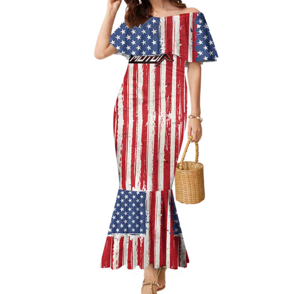 Personalized Motocross Rider Family Matching Mermaid Dress and Hawaiian Shirt with American Flag and Thin Blue Line Pattern - Wonder Print Shop