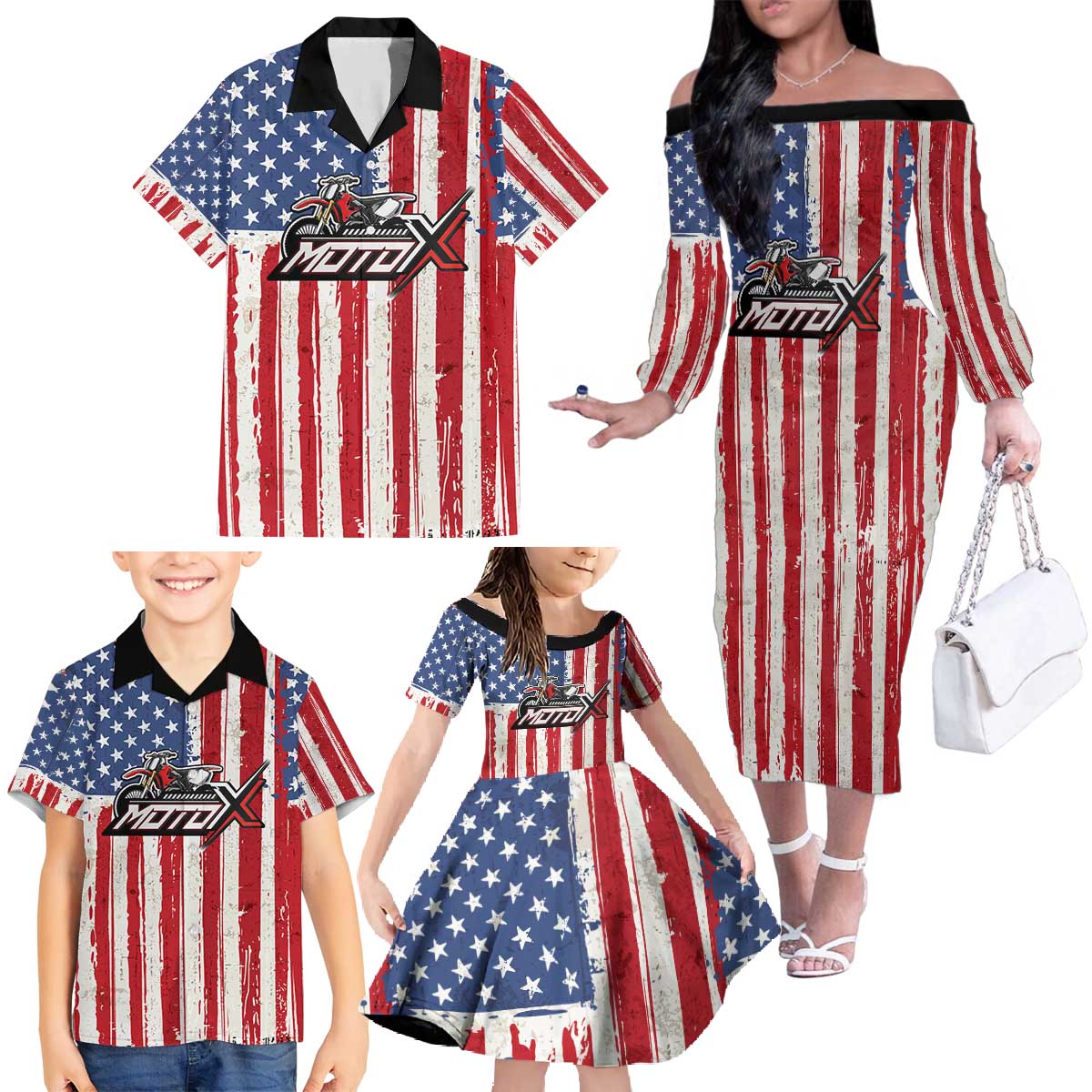 Personalized Motocross Rider Family Matching Off The Shoulder Long Sleeve Dress and Hawaiian Shirt with American Flag and Thin Blue Line Pattern - Wonder Print Shop