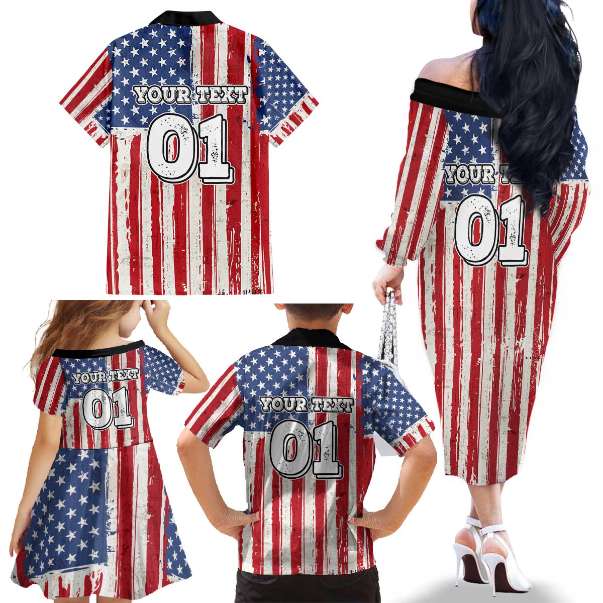 Personalized Motocross Rider Family Matching Off The Shoulder Long Sleeve Dress and Hawaiian Shirt with American Flag and Thin Blue Line Pattern - Wonder Print Shop