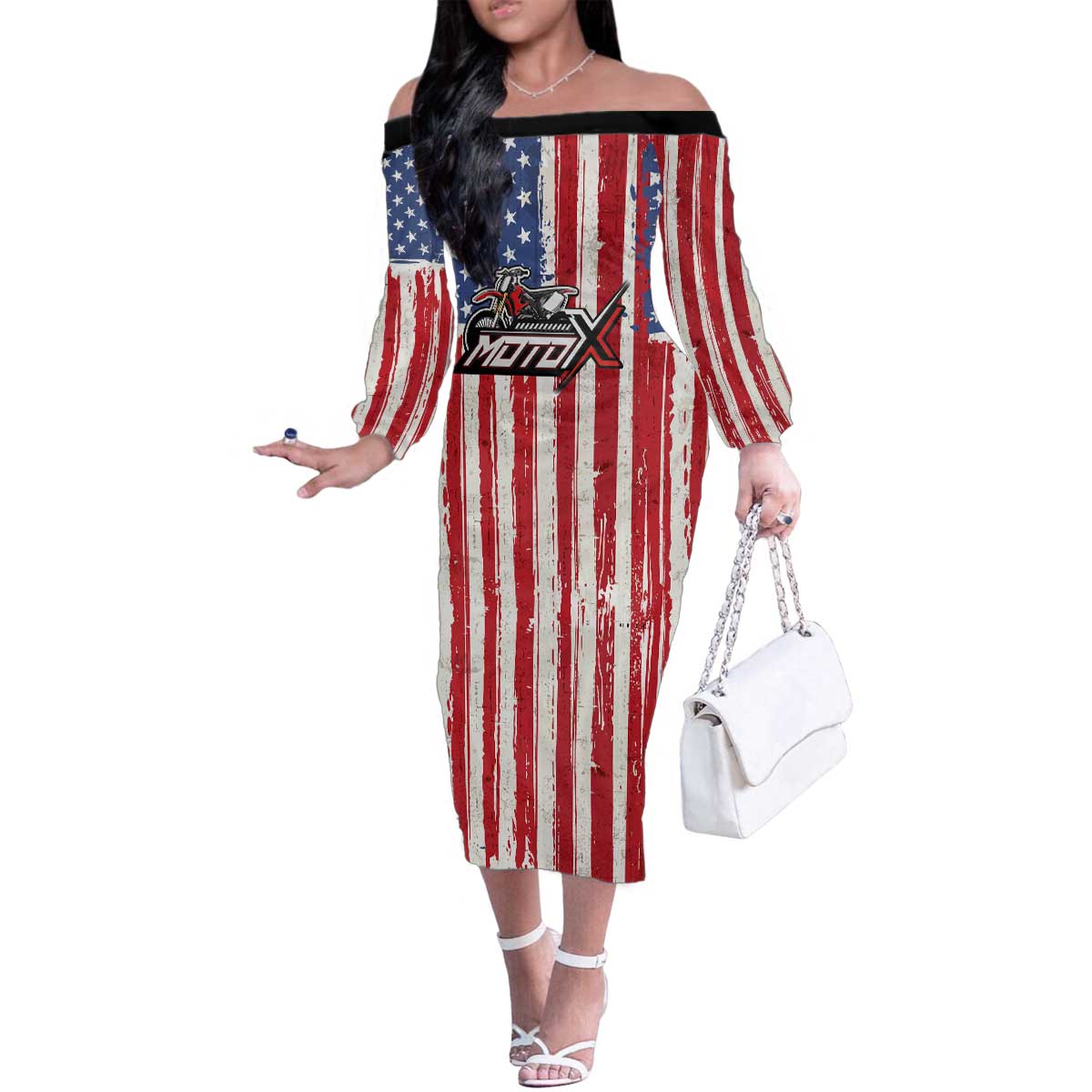 Personalized Motocross Rider Family Matching Off The Shoulder Long Sleeve Dress and Hawaiian Shirt with American Flag and Thin Blue Line Pattern - Wonder Print Shop