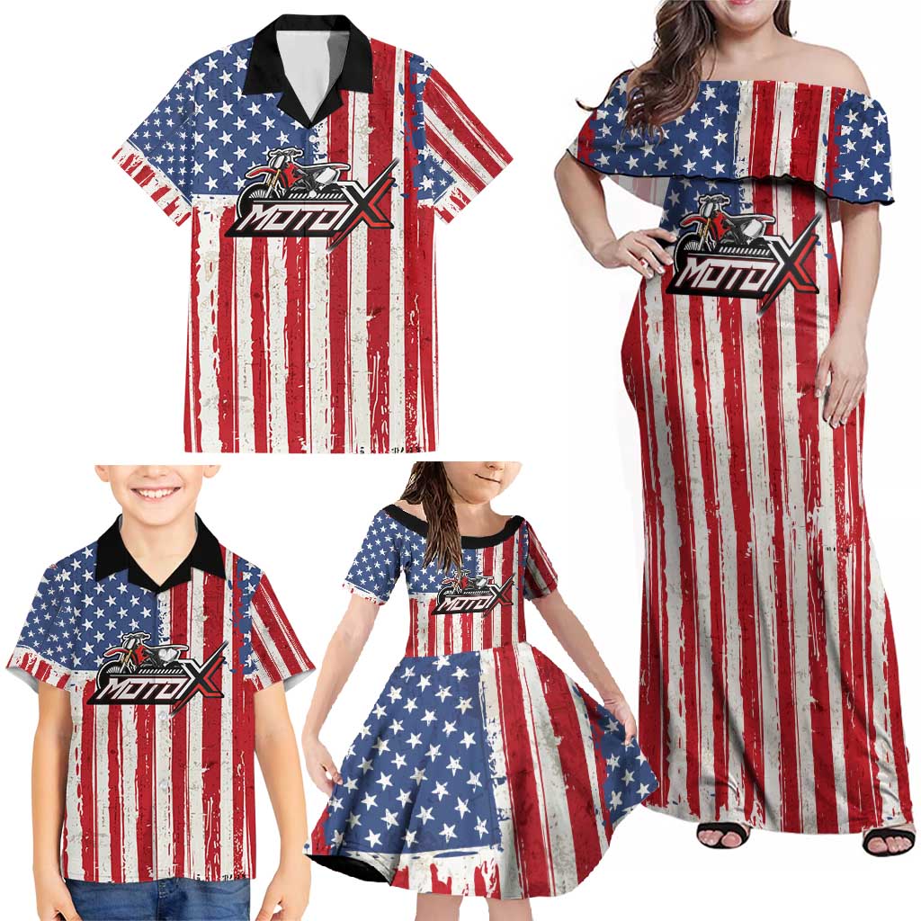Personalized Motocross Rider Family Matching Off Shoulder Maxi Dress and Hawaiian Shirt with American Flag and Thin Blue Line Pattern - Wonder Print Shop