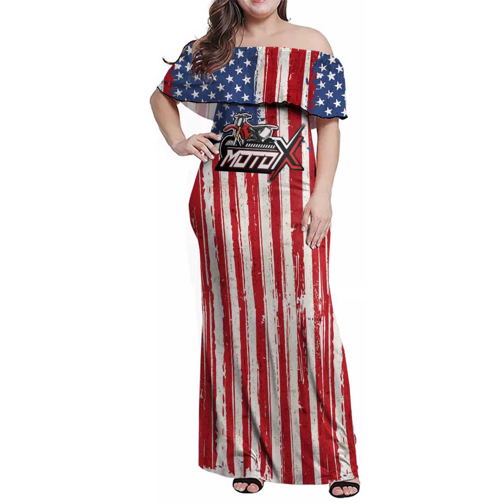 Personalized Motocross Rider Family Matching Off Shoulder Maxi Dress and Hawaiian Shirt with American Flag and Thin Blue Line Pattern - Wonder Print Shop