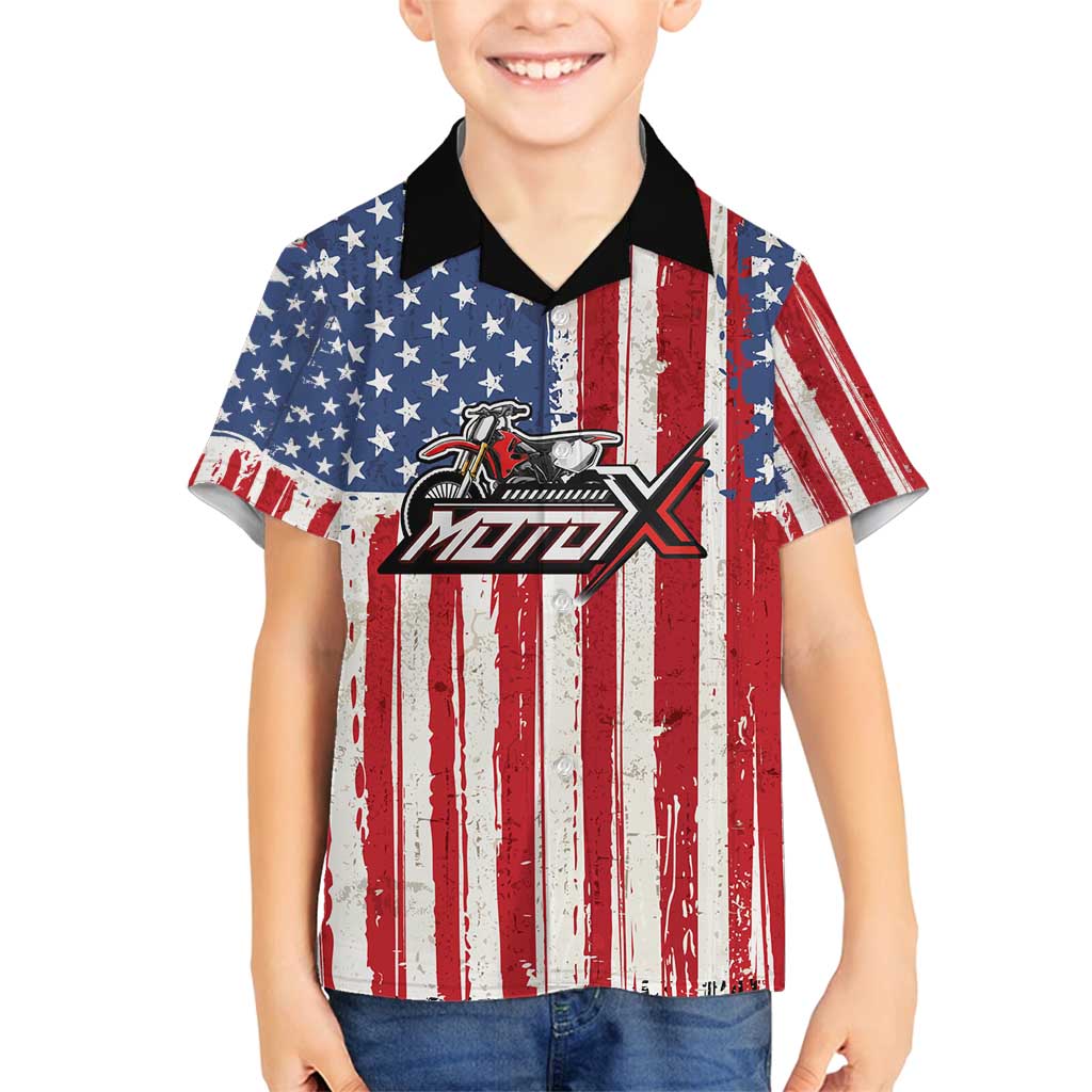 Personalized Motocross Rider Family Matching Off Shoulder Maxi Dress and Hawaiian Shirt with American Flag and Thin Blue Line Pattern - Wonder Print Shop