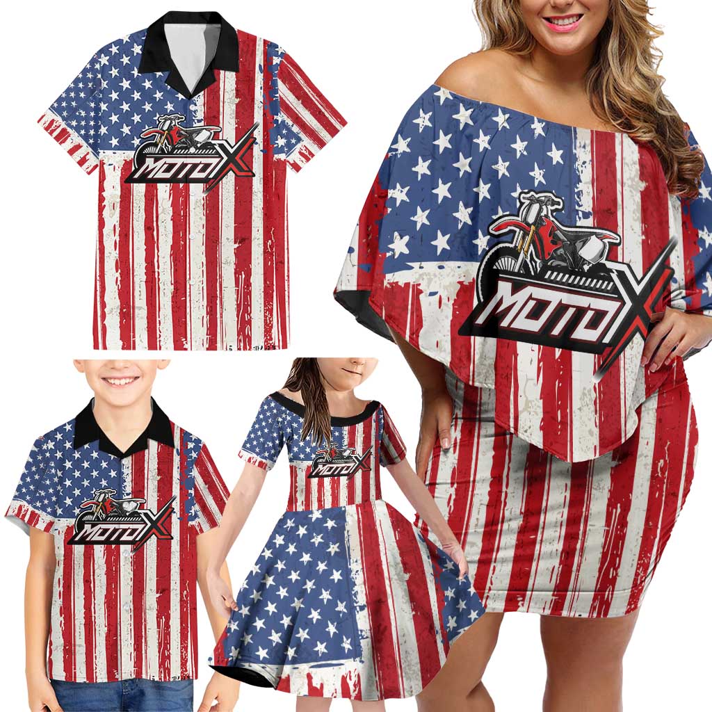 Personalized Motocross Rider Family Matching Off Shoulder Short Dress and Hawaiian Shirt with American Flag and Thin Blue Line Pattern - Wonder Print Shop