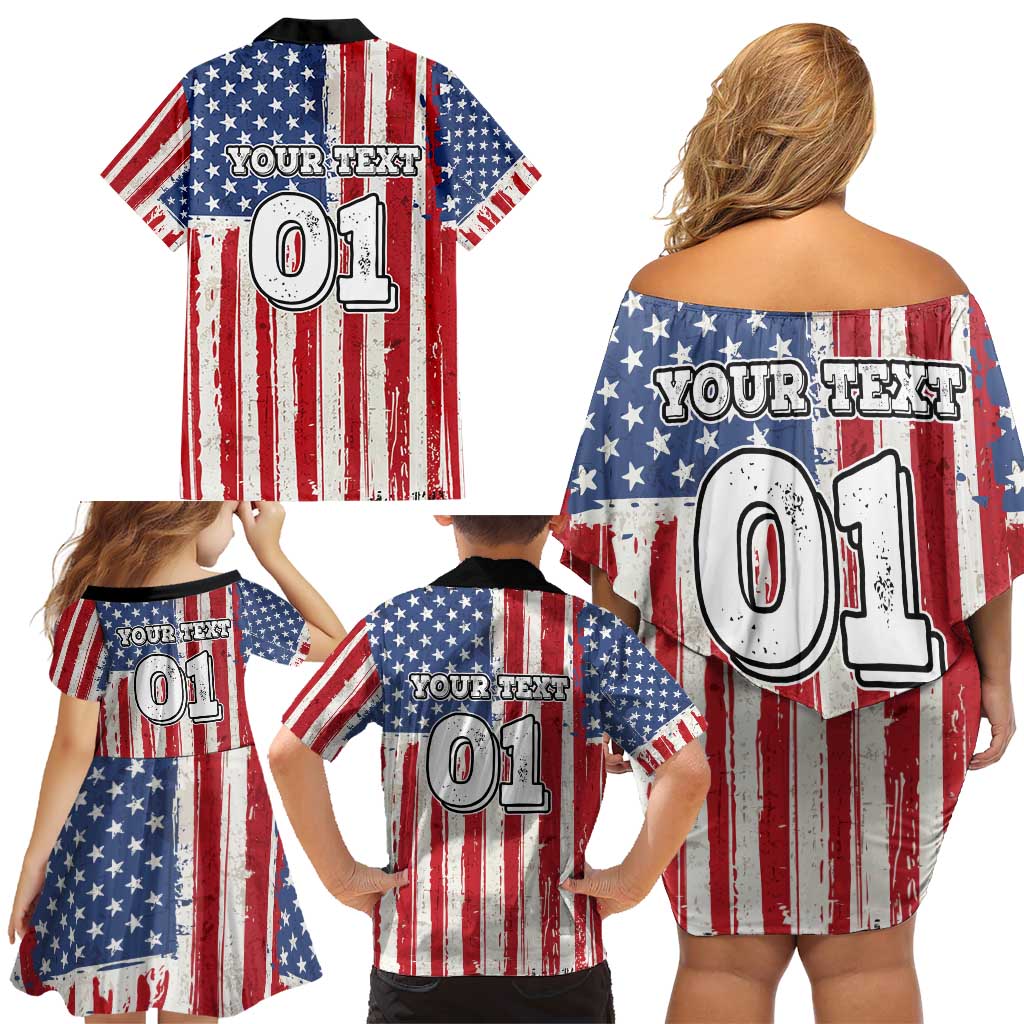 Personalized Motocross Rider Family Matching Off Shoulder Short Dress and Hawaiian Shirt with American Flag and Thin Blue Line Pattern - Wonder Print Shop