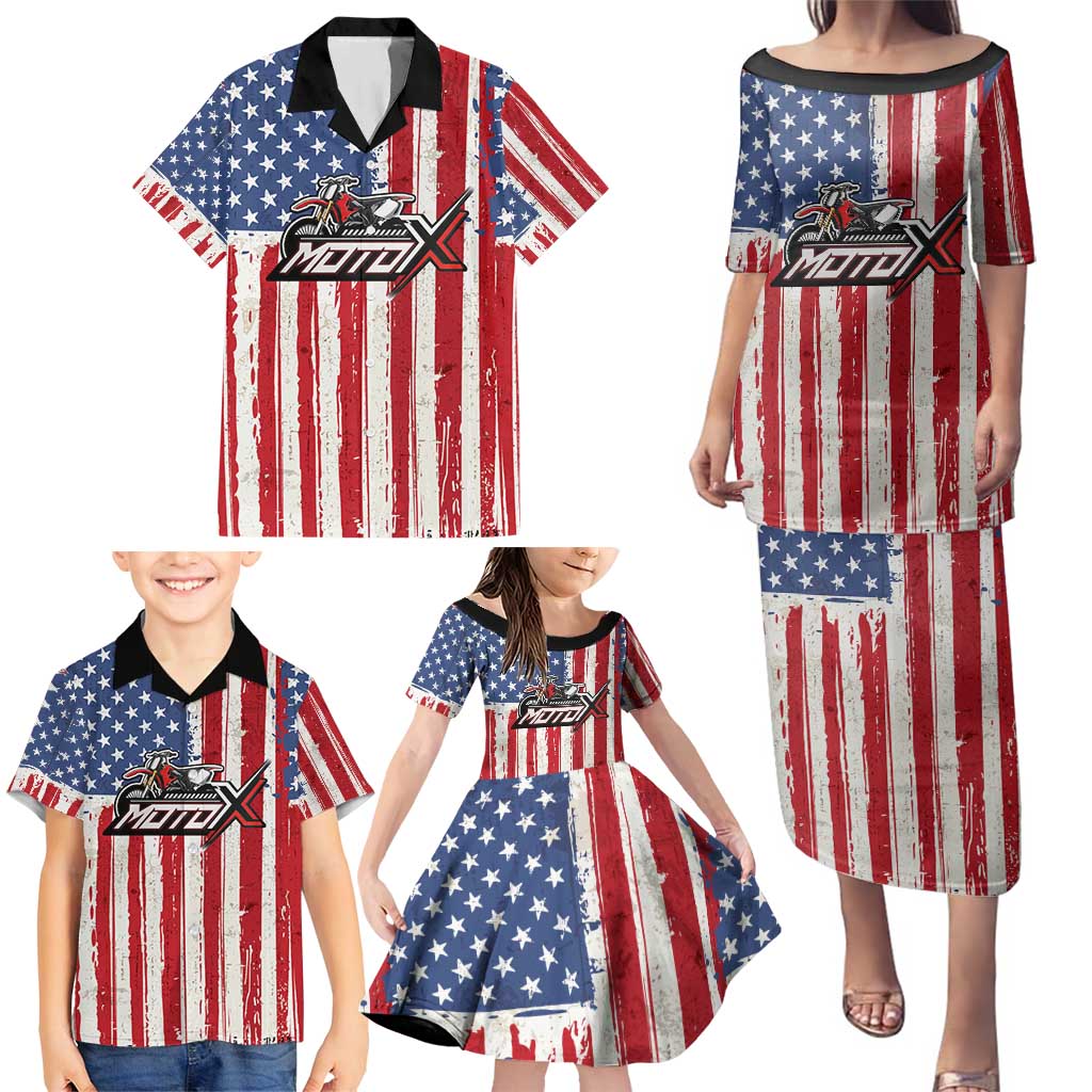Personalized Motocross Rider Family Matching Puletasi and Hawaiian Shirt with American Flag and Thin Blue Line Pattern - Wonder Print Shop