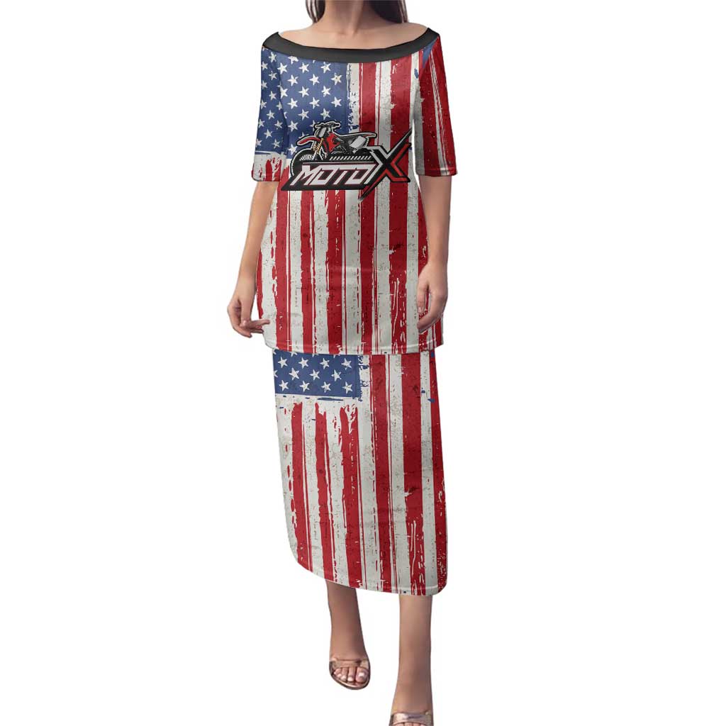 Personalized Motocross Rider Family Matching Puletasi and Hawaiian Shirt with American Flag and Thin Blue Line Pattern - Wonder Print Shop