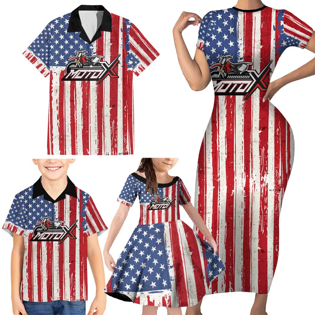 Personalized Motocross Rider Family Matching Short Sleeve Bodycon Dress and Hawaiian Shirt with American Flag and Thin Blue Line Pattern - Wonder Print Shop