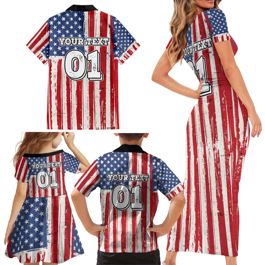 Personalized Motocross Rider Family Matching Short Sleeve Bodycon Dress and Hawaiian Shirt with American Flag and Thin Blue Line Pattern - Wonder Print Shop