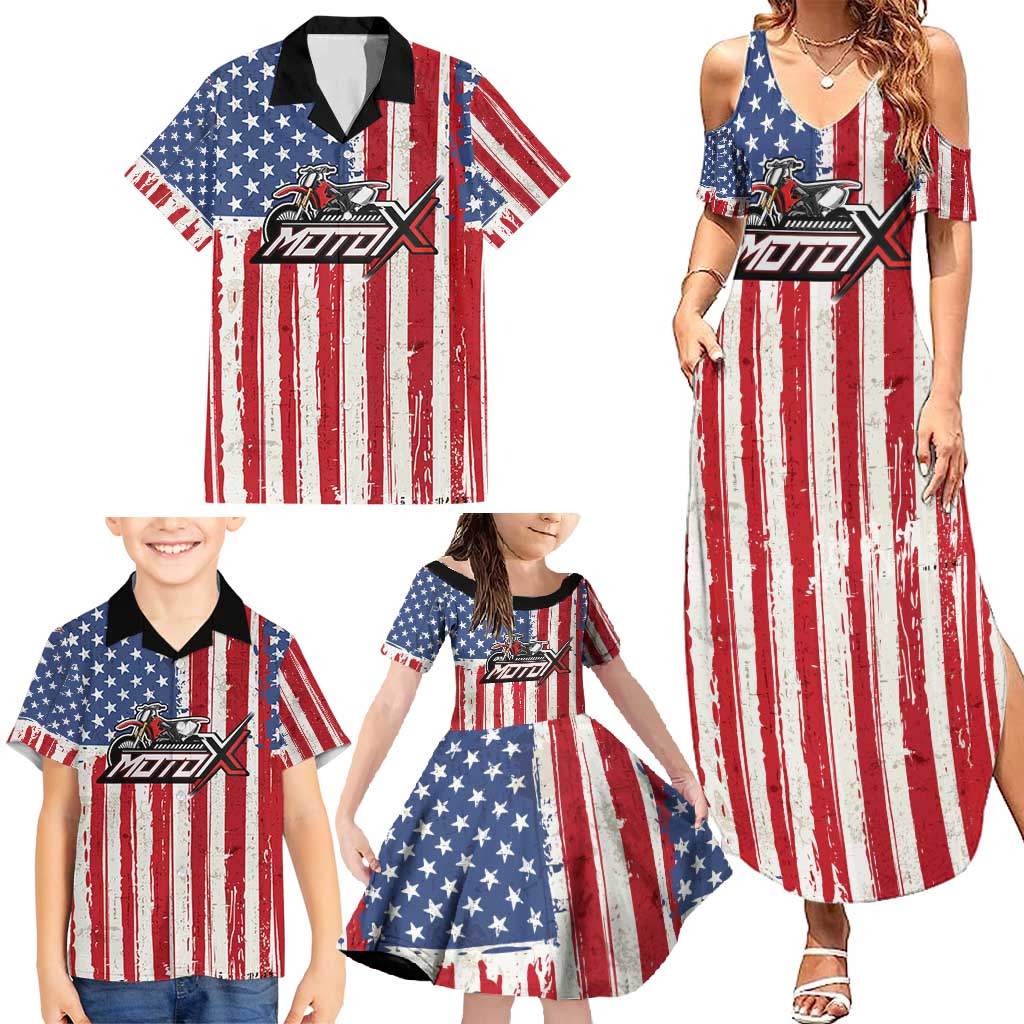 Personalized Motocross Rider Family Matching Summer Maxi Dress and Hawaiian Shirt with American Flag and Thin Blue Line Pattern - Wonder Print Shop