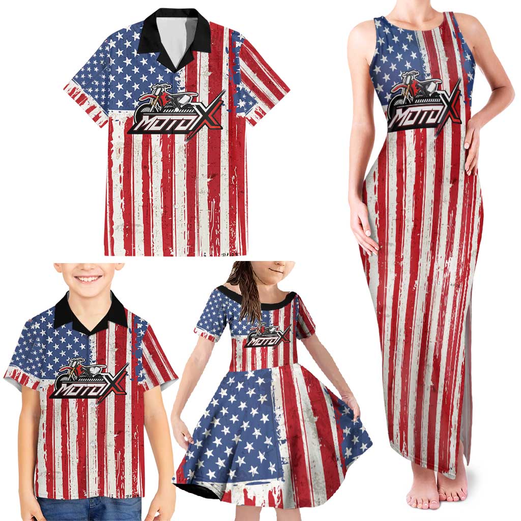 Personalized Motocross Rider Family Matching Tank Maxi Dress and Hawaiian Shirt with American Flag and Thin Blue Line Pattern - Wonder Print Shop