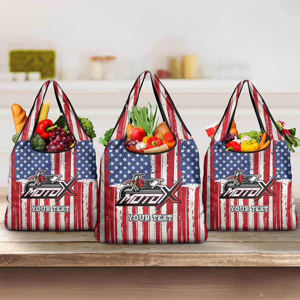 Personalized Motocross Rider Grocery Bag with American Flag and Thin Blue Line Pattern - Wonder Print Shop