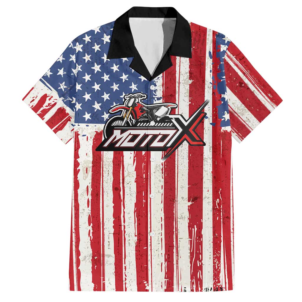 Personalized Motocross Rider Hawaiian Shirt with American Flag and Thin Blue Line Pattern - Wonder Print Shop