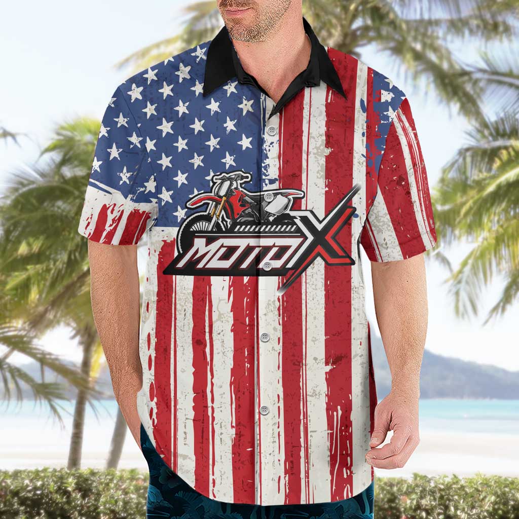 Personalized Motocross Rider Hawaiian Shirt with American Flag and Thin Blue Line Pattern - Wonder Print Shop