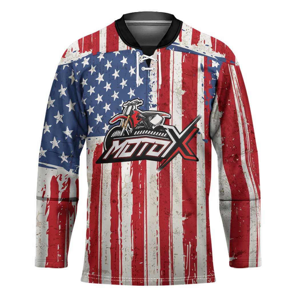Personalized Motocross Rider Hockey Jersey with American Flag and Thin Blue Line Pattern - Wonder Print Shop
