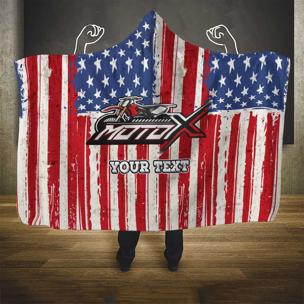 Personalized Motocross Rider Hooded Blanket with American Flag and Thin Blue Line Pattern - Wonder Print Shop