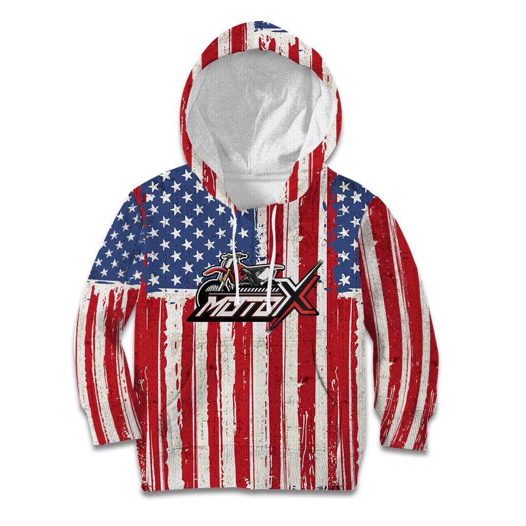 Personalized Motocross Rider Kid Hoodie with American Flag and Thin Blue Line Pattern - Wonder Print Shop