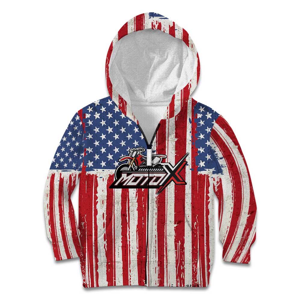 Personalized Motocross Rider Kid Hoodie with American Flag and Thin Blue Line Pattern - Wonder Print Shop
