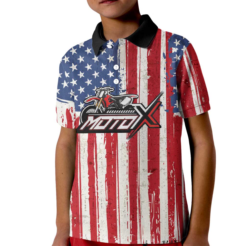Personalized Motocross Rider Kid Polo Shirt with American Flag and Thin Blue Line Pattern - Wonder Print Shop