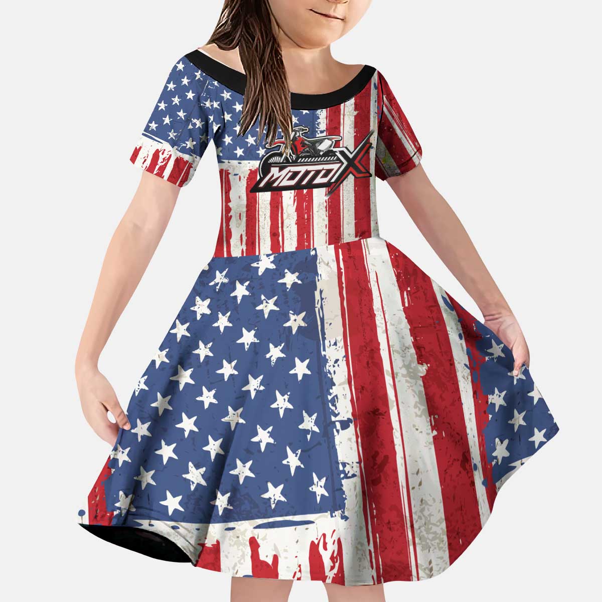 Personalized Motocross Rider Kid Short Sleeve Dress with American Flag and Thin Blue Line Pattern - Wonder Print Shop