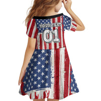Personalized Motocross Rider Kid Short Sleeve Dress with American Flag and Thin Blue Line Pattern - Wonder Print Shop