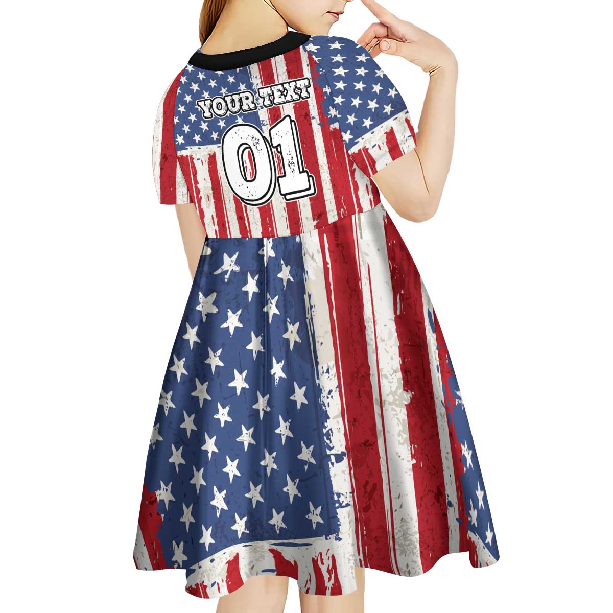 Personalized Motocross Rider Kid Short Sleeve Dress with American Flag and Thin Blue Line Pattern - Wonder Print Shop