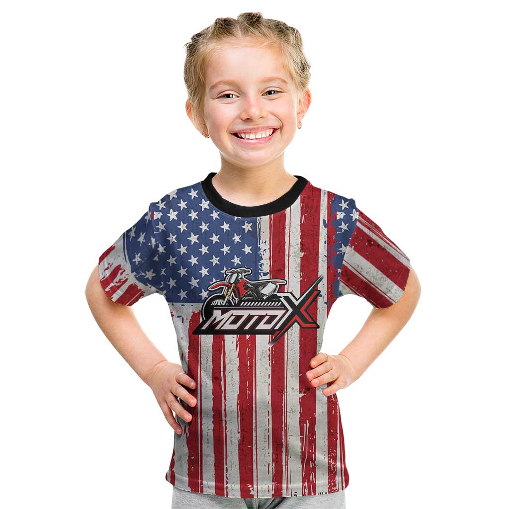 Personalized Motocross Rider Kid T Shirt with American Flag and Thin Blue Line Pattern - Wonder Print Shop