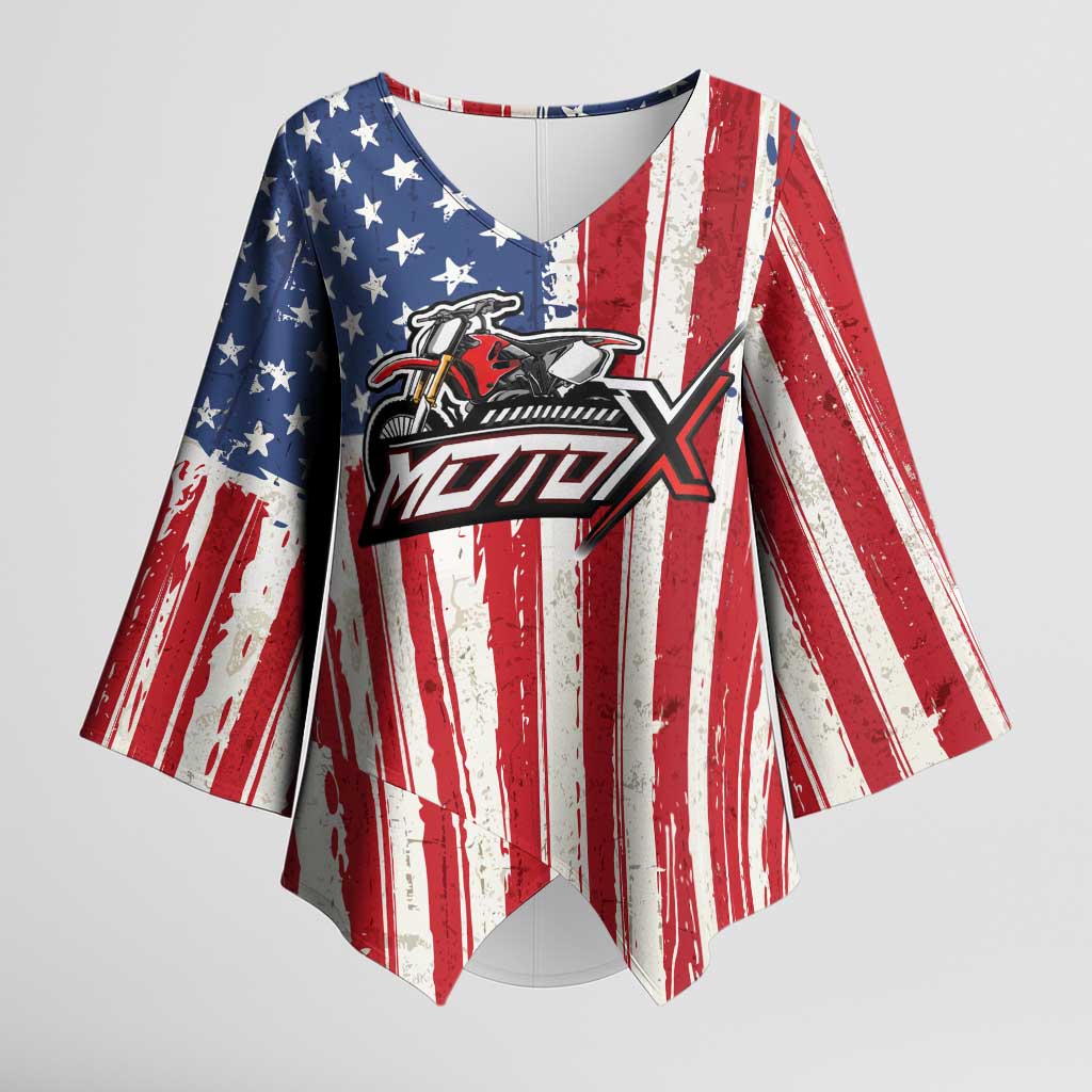 Personalized Motocross Rider Kimono Sleeve Blouse with American Flag and Thin Blue Line Pattern - Wonder Print Shop