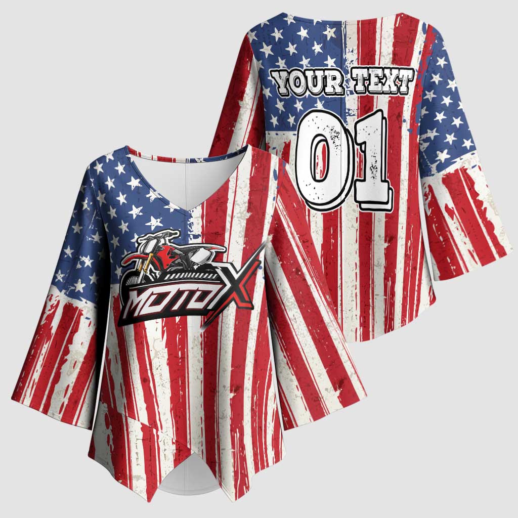 Personalized Motocross Rider Kimono Sleeve Blouse with American Flag and Thin Blue Line Pattern - Wonder Print Shop