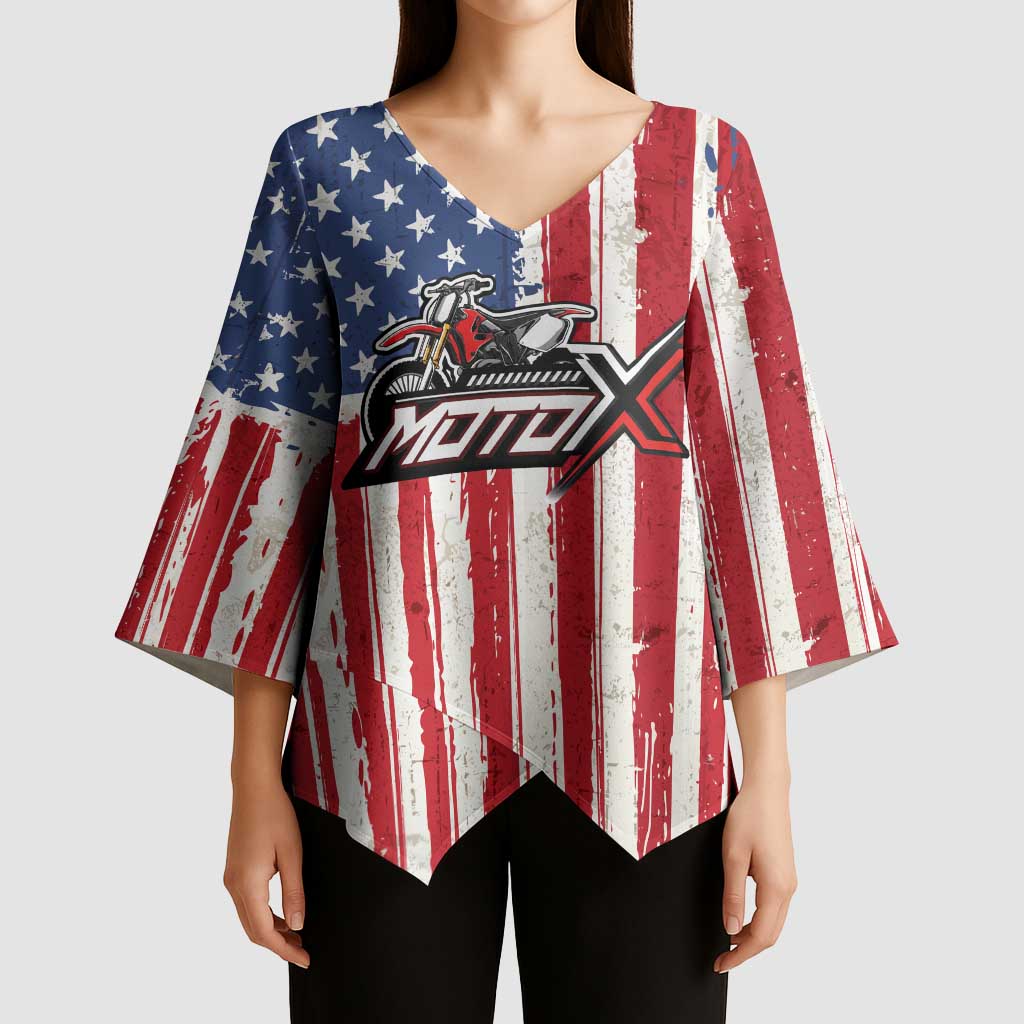 Personalized Motocross Rider Kimono Sleeve Blouse with American Flag and Thin Blue Line Pattern - Wonder Print Shop