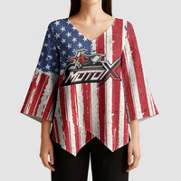 Personalized Motocross Rider Kimono Sleeve Blouse with American Flag and Thin Blue Line Pattern - Wonder Print Shop