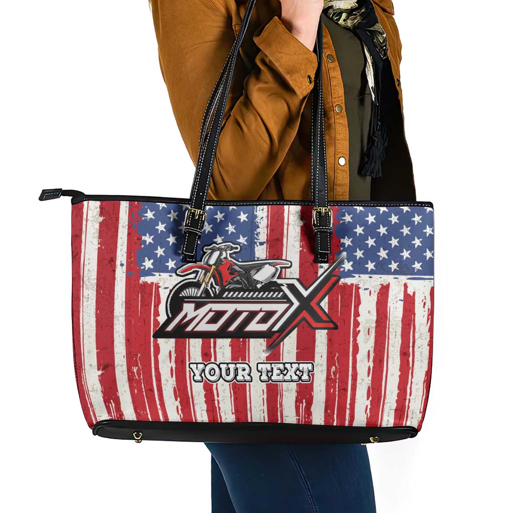 Personalized Motocross Rider Leather Tote Bag with American Flag and Thin Blue Line Pattern - Wonder Print Shop