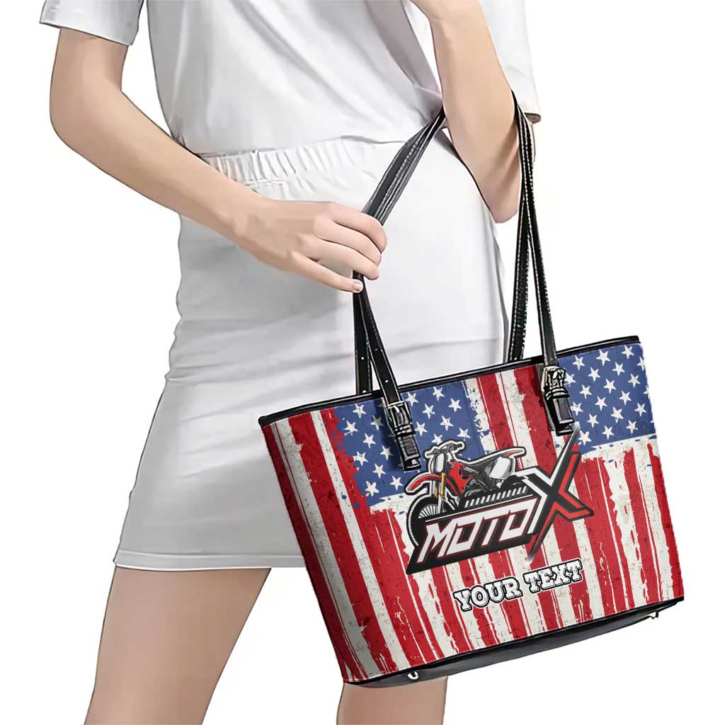 Personalized Motocross Rider Leather Tote Bag with American Flag and Thin Blue Line Pattern - Wonder Print Shop