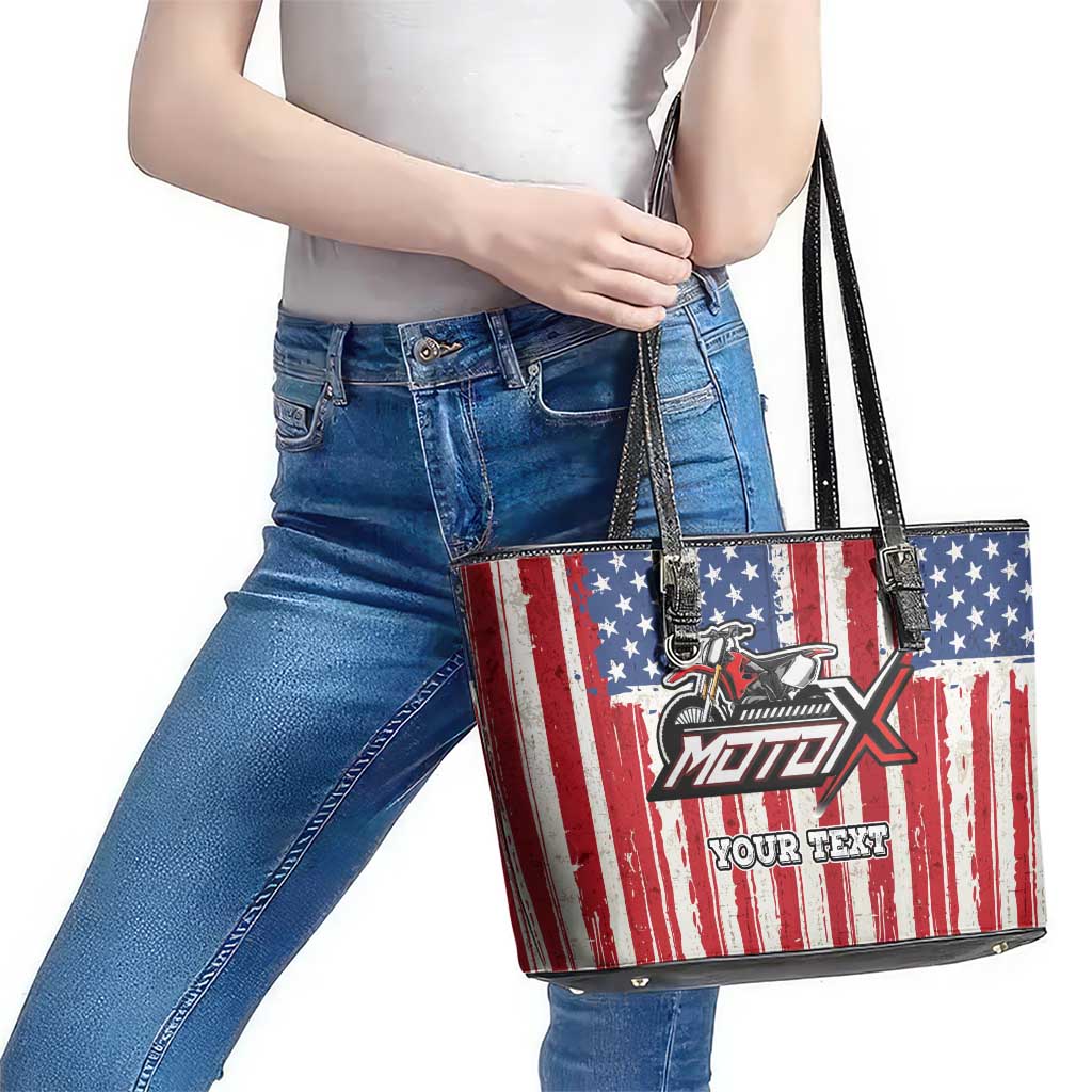 Personalized Motocross Rider Leather Tote Bag with American Flag and Thin Blue Line Pattern - Wonder Print Shop