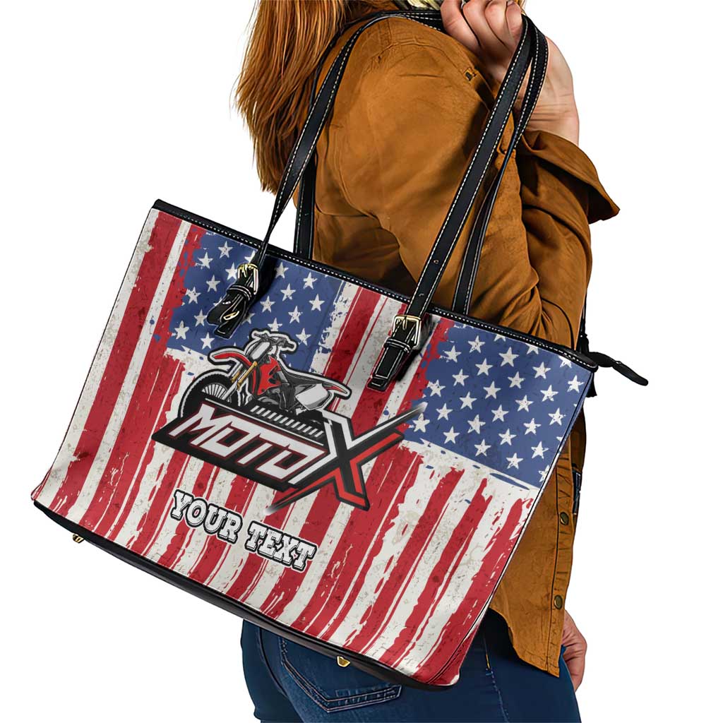 Personalized Motocross Rider Leather Tote Bag with American Flag and Thin Blue Line Pattern - Wonder Print Shop