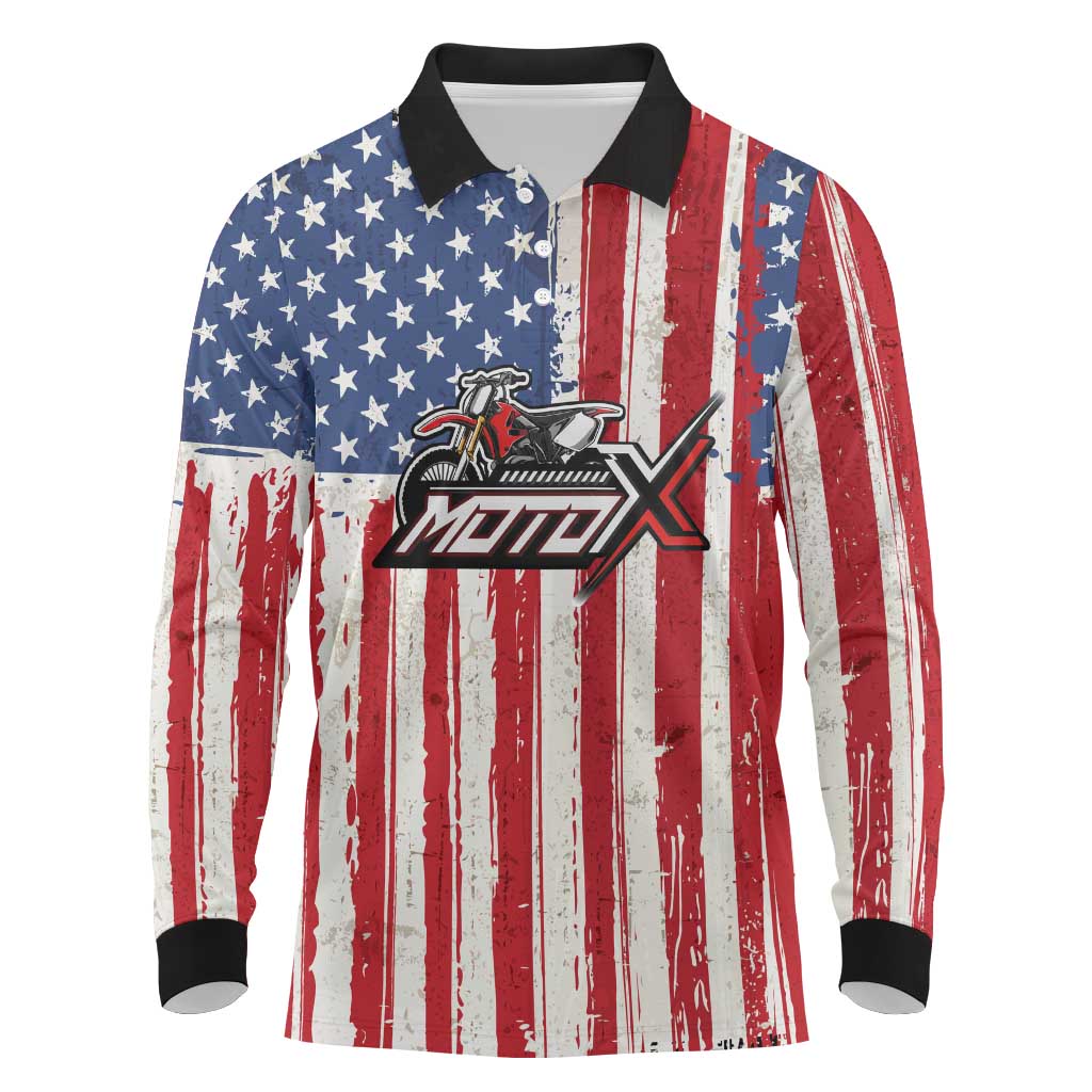 Personalized Motocross Rider Long Sleeve Polo Shirt with American Flag and Thin Blue Line Pattern - Wonder Print Shop